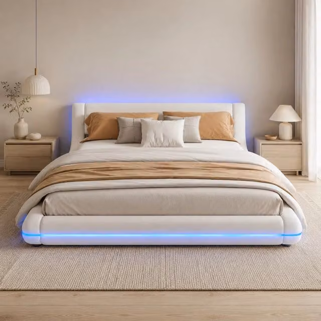 Letto a pavimento 160 x 200 cm con LED a colori variabili; PU e MDF; bianco