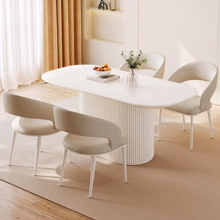 Tavolo da pranzo con 4 sedie, colore bianco, diametro 160 cm, forma rotonda, angoli smussati, facile da pulire, design ergonomico