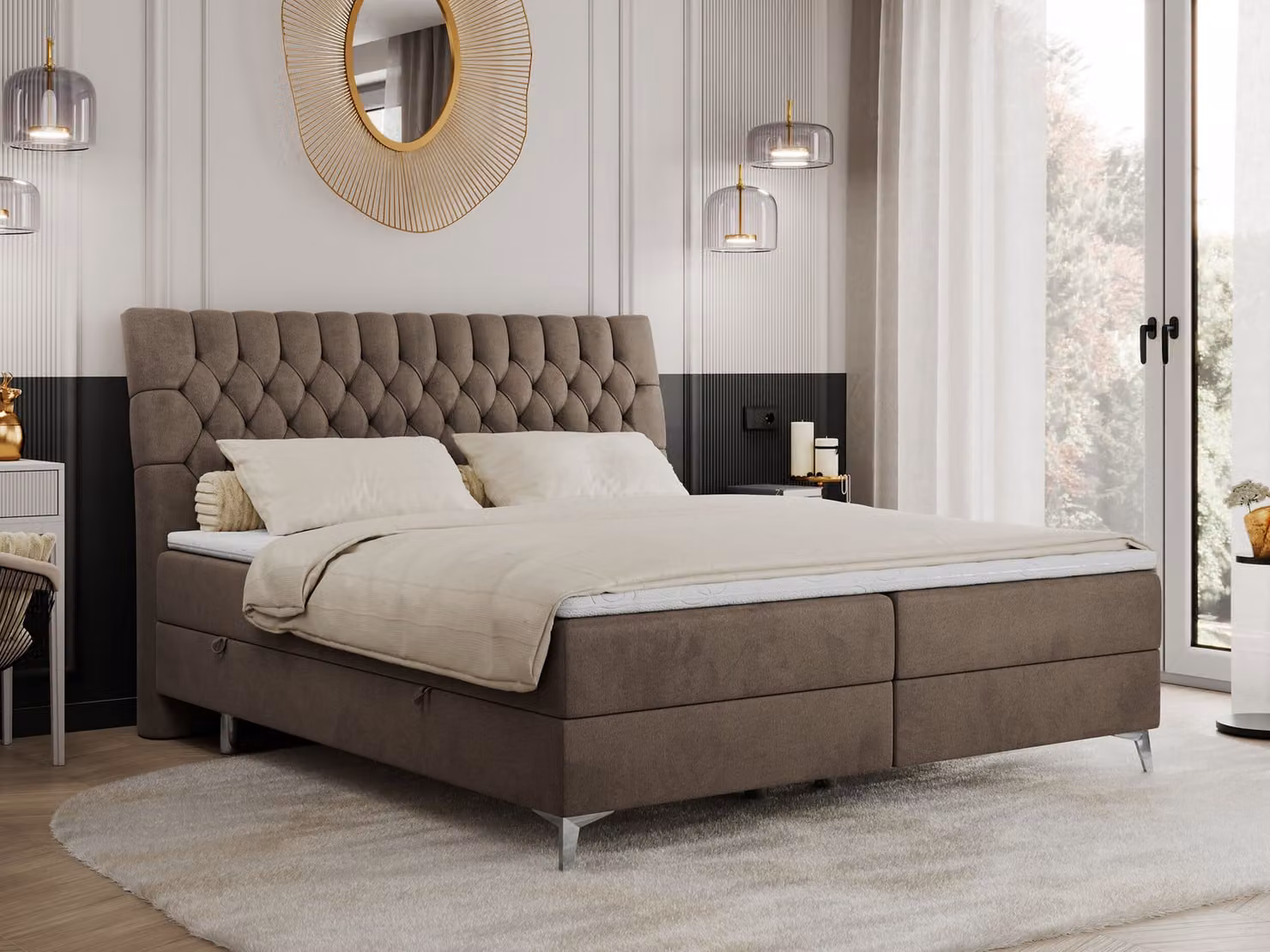 Letto boxspring 120x200 con 2 cassetti, materasso e topper, letto imbottito 120x200, letto 120x200 - MILEN - 120x200 cm - Marrone - Velluto - H4