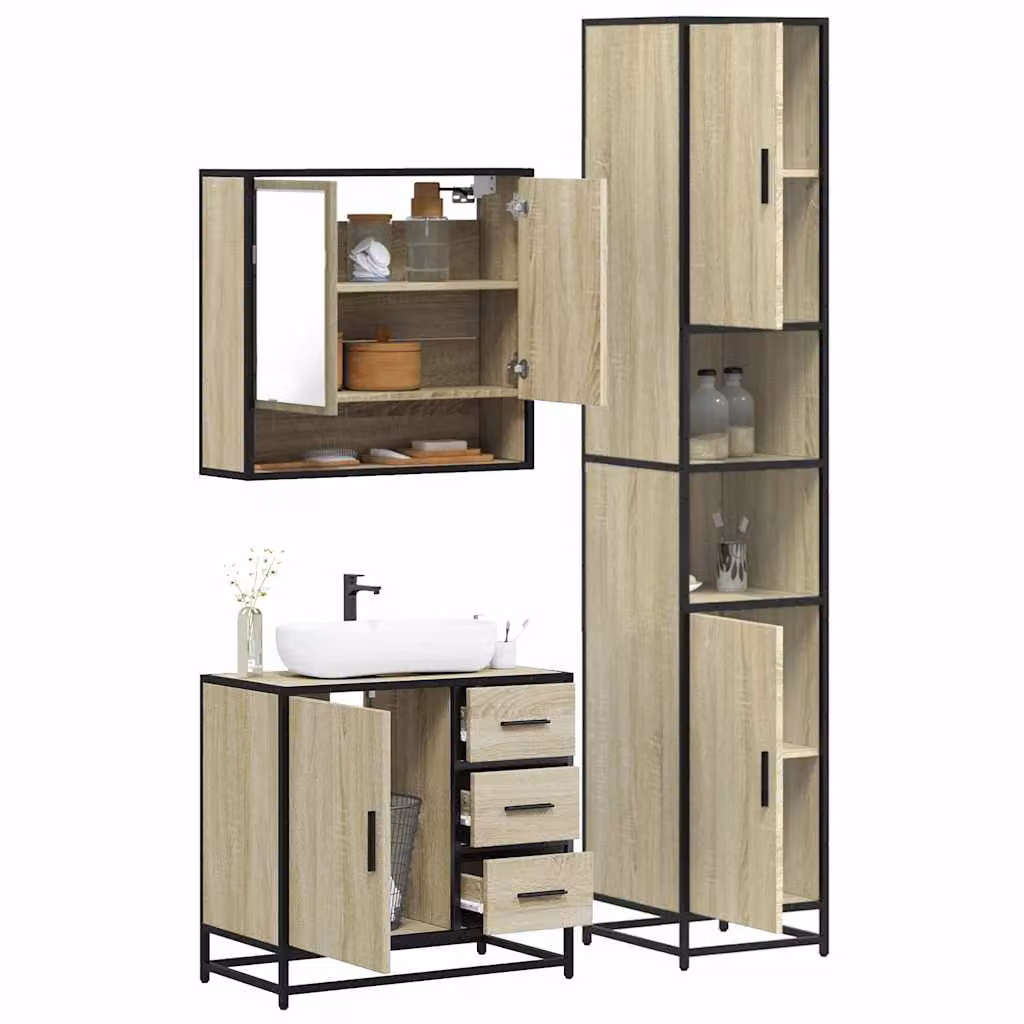 Set di mobili da bagno industrial vidaXL in legno e metallo, 3 pezzi, colore marrone e beige, con armadietto con specchio e mobile lavabo, L/P/H: 60 x 33 x 65 cm – 1