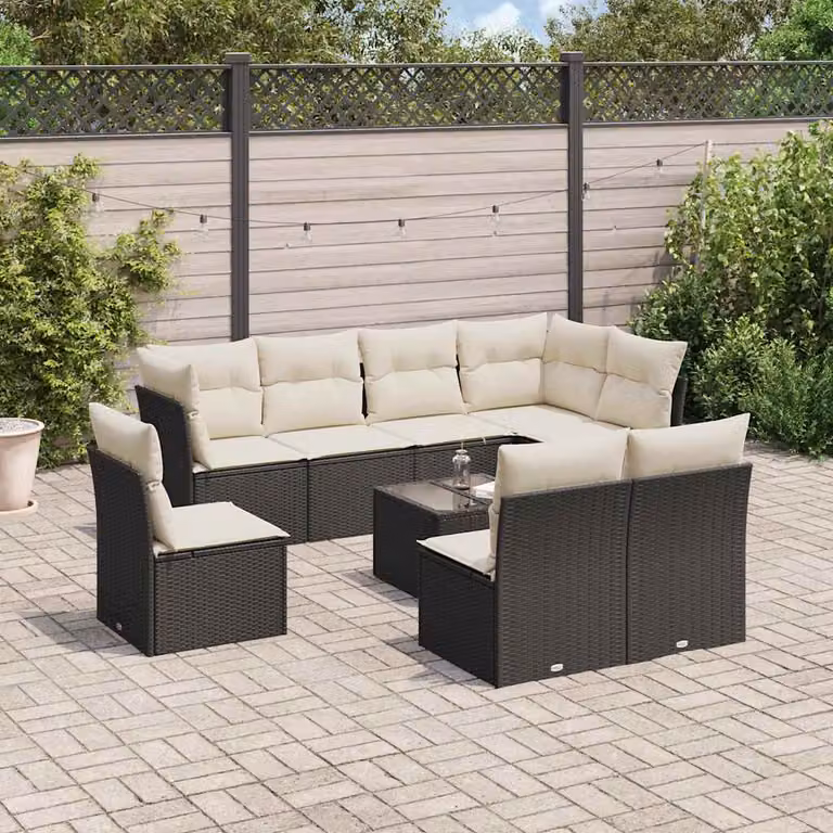 vidaXL Set Divani da Giardino 9 pz in Polyrattan Nero con Cuscini e Tavolino da Esterno