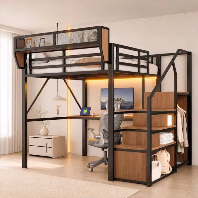 Letto a soppalco 140x200 cm con scrivania; scala e LED