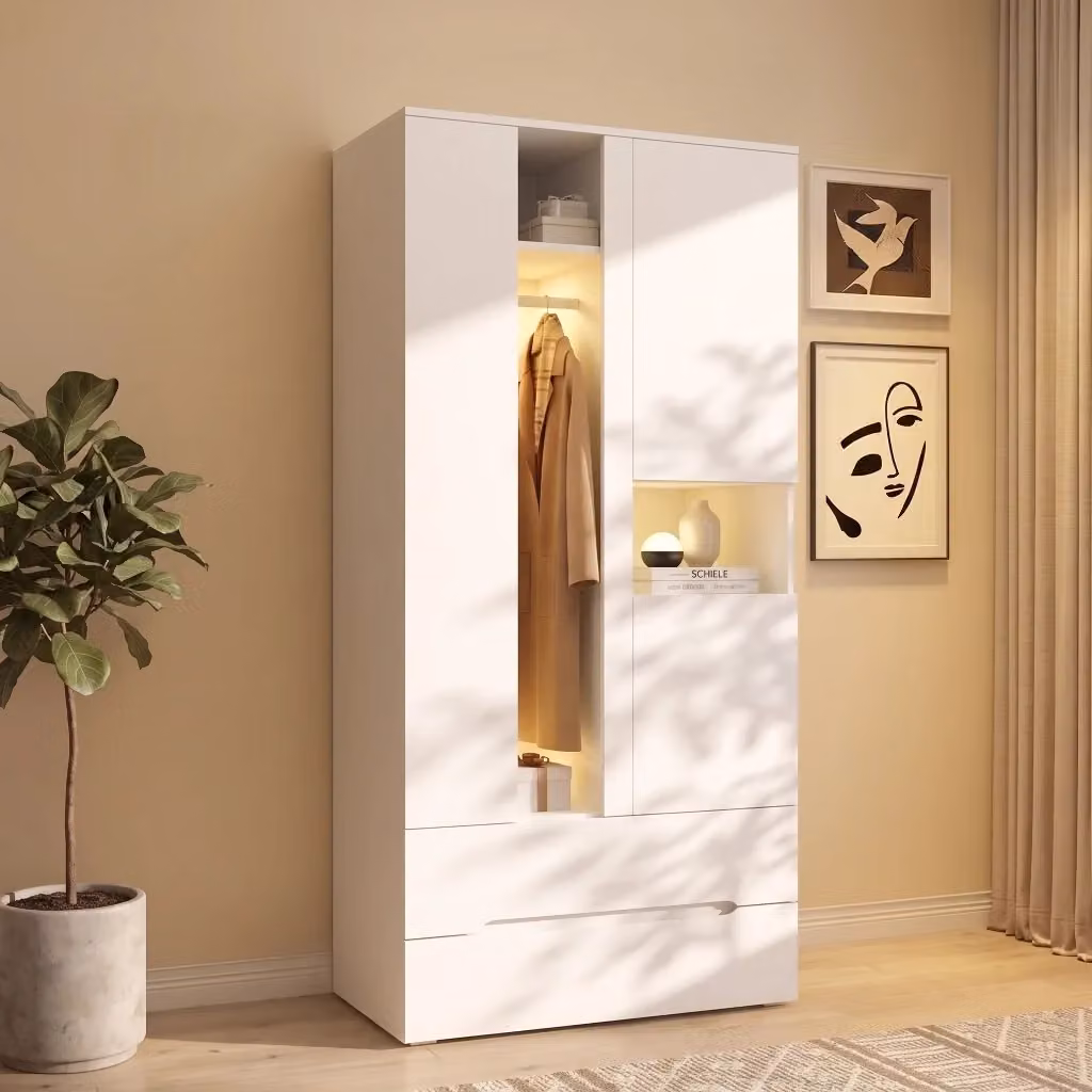 Armadio moderno per camera da letto con illuminazione LED, 2 cassetti, 6 ripiani e asta appendiabiti in MDF bianco, L: 90 cm, P: 50 cm, H: 200 cm – 2