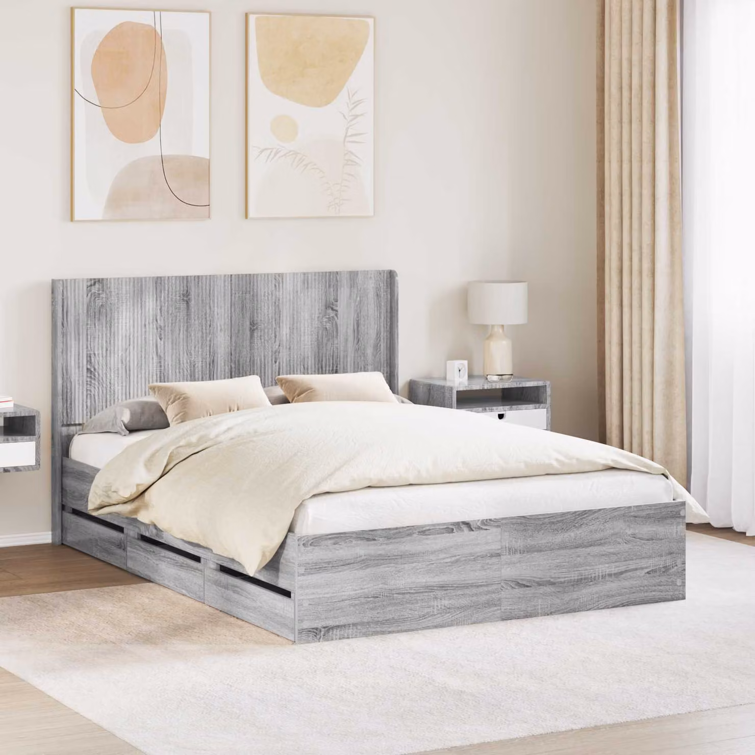 Struttura letto con stoccaggio e testata vidaXL in legno Sonoma grigio L: 193,0 cm, P: 126,5 cm, H: 100,0 cm