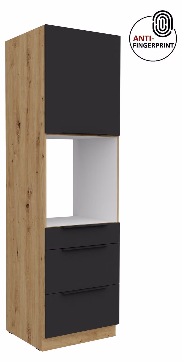 Armadio alto da cucina da 60 cm, cucina ARIA nero ultra opaco + rovere Artisan opaco, frontali di alta qualità con rivestimento anti-impronta, mobile da cucina con chiusura ammortizzata