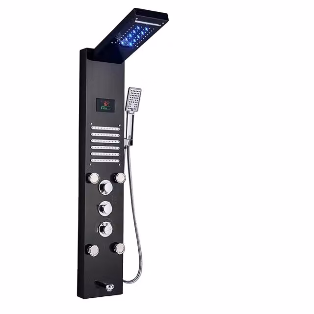 Pannello doccia a LED, soffione a pioggia a cascata, getti massaggianti SPA, nero 8004