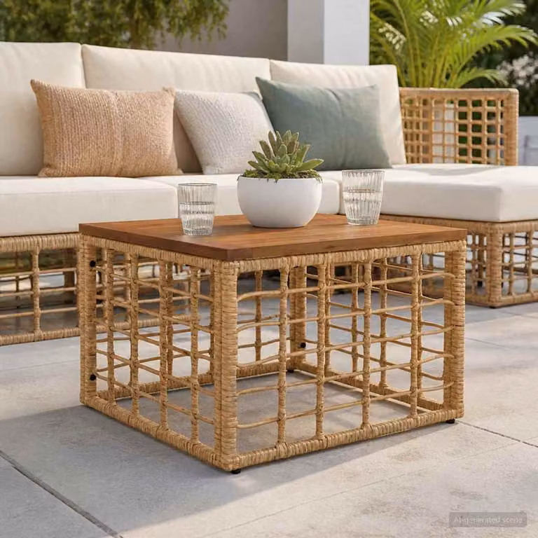 vidaXL Tavolo da Giardino Quadrato in Polyrattan e Vetro, Colore Beige e Marrone, L/P/H: 55 x 55 x 37 cm