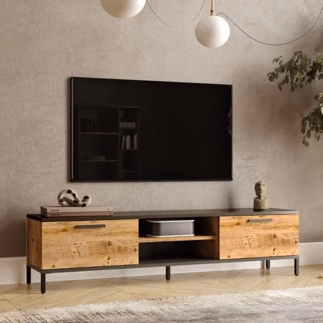 Mobile Basso Lempäälä en.casa Supporto TV con Passaggio Cavi e Sportelli a Ribalta, Rovere Rustico e Antracite, L: 160 cm, P: 35 cm, H: 39 cm – 1