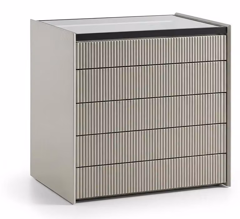 Comodino moderno beige, design lussuoso, con cassetti, in vetro