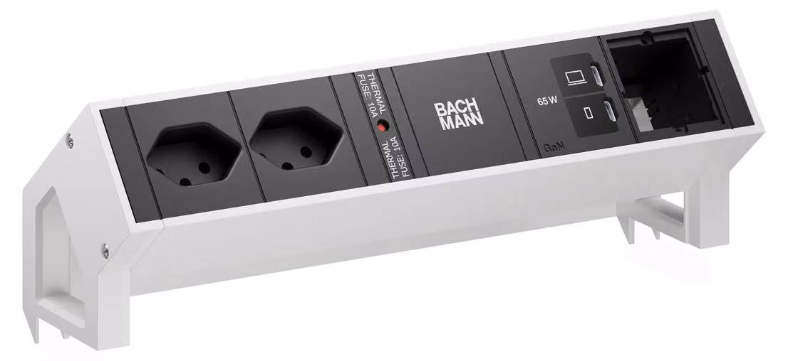 BACHMANN DESK2 2xCH 90° 1xUSB C/C 65 W, 1xCM L=0,2 m RAL9010