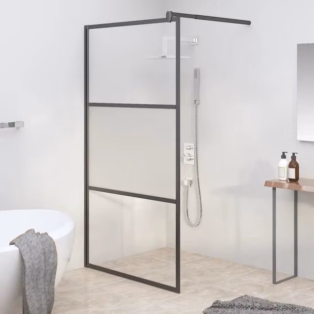 Parete Doccia Walk in vidaXL in Vetro Semi Smerigliato ESG con Profilo Nero L: 115 cm, H: 195 cm