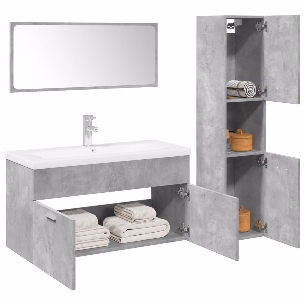 Set di mobili da bagno moderno vidaXL in legno e vetro, colore grigio e bianco, con mobile sottolavabo e pensile a parete