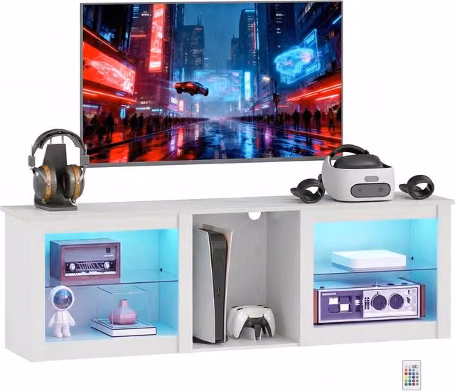 Mobile TV con illuminazione LED per TV fino a 70 pollici, 160cm con ripiani in vetro regolabili ¨C Minimal ¨C Bianco