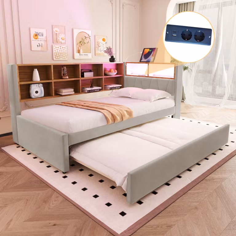 Divano letto Abrihome 90×200 cm con letto estraibile e presa USB, letto imbottito con libreria e armadietto, grigio chiaro
