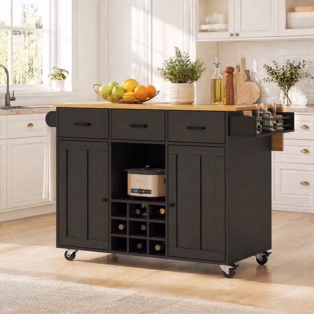 Carrello da cucina con 3 cassetti 2 ante e piano ribaltabile per cucina e sala da pranzo nero 104 × 39,5 × 91,5 cm