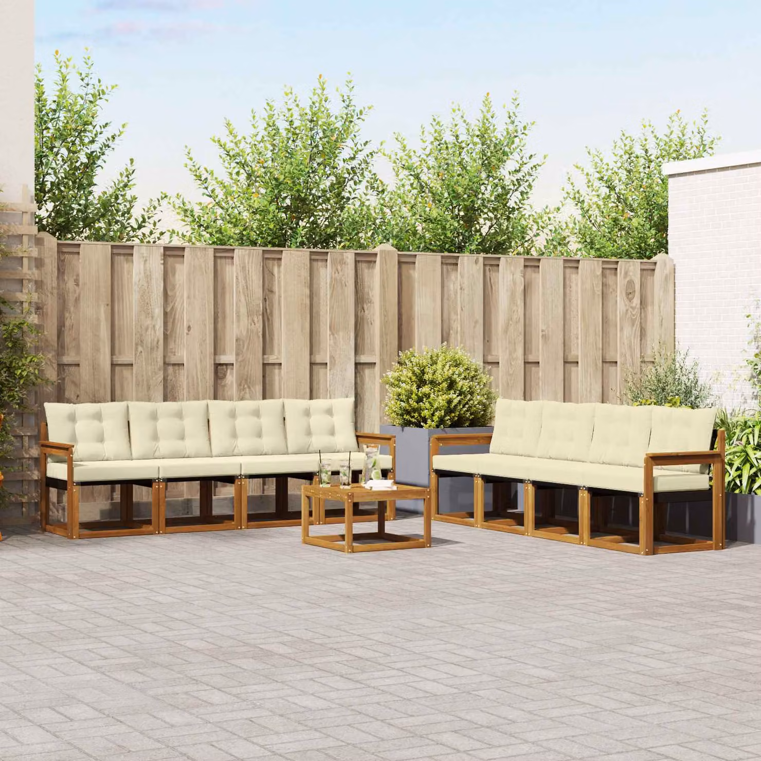 vidaXL Set di divani da esterno 9 pz a forma di U in legno di acacia con cuscini, colore beige, bianco e marrone