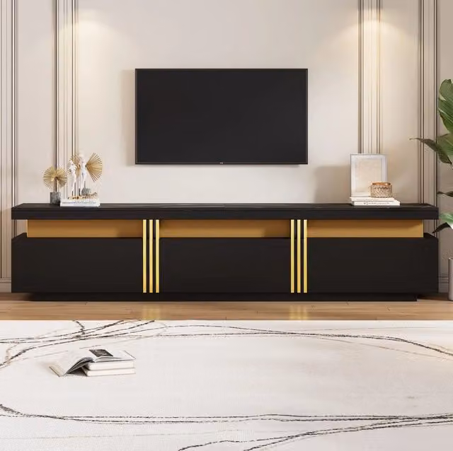 Mobile TV 200x40x42 cm con 3 cassetti e passacavi; effetto marmo; truciolare nero