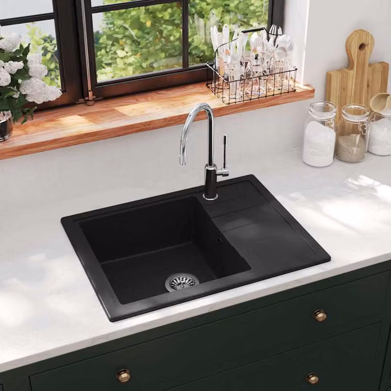 Lavello da Cucina vidaXL in Granito Nero con Foro Troppopieno Ovale L/P/H: 58,0 x 44,0 x 16,4 cm