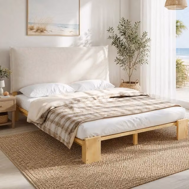 Letto singolo imbottito 140x200 cm con schienale a strappo, doghe robuste e gambe larghe, legno di pino naturale