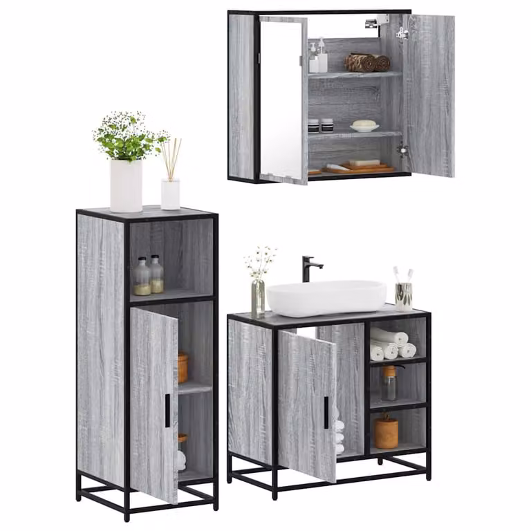 Set di mobili da bagno industrial vidaXL in 3 pezzi Grigio con specchio e ripiani in legno e metallo L/P/H: 65 x 33 x 60 cm