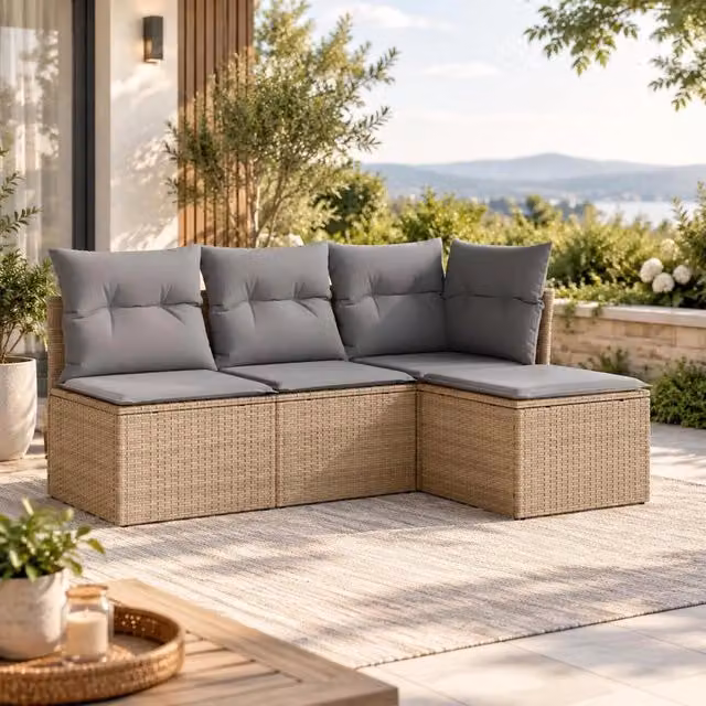 4-piece Garden Sofa Set With Cushions, Beige Poly Rattan