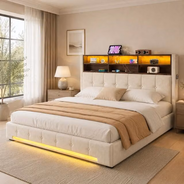 Letto contenitore matrimoniale 180×200 cm con 6 vani, USB-C, LED e tasche laterali, senza materasso, velluto beige