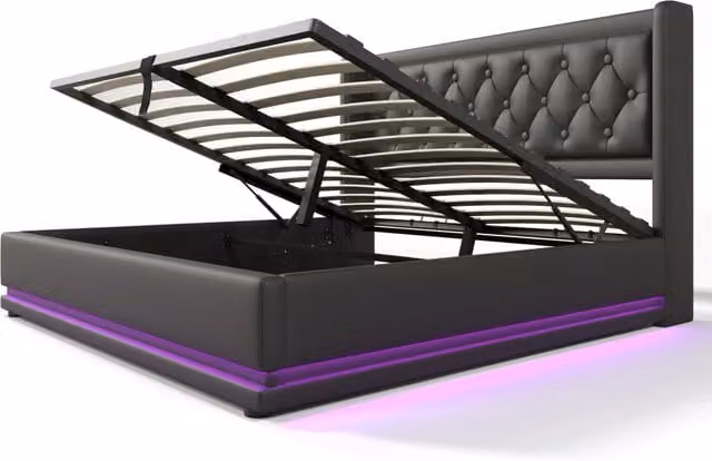 Letto matrimoniale contenitore 160×200 cm con USB Type C, LED a 3 lati, testiera imbottita, materasso incluso, nero