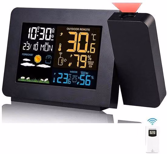 Stazione meteorologica con termoigrometro, display a proiezione, orologio radio RCC, doppio indicatore di allarme