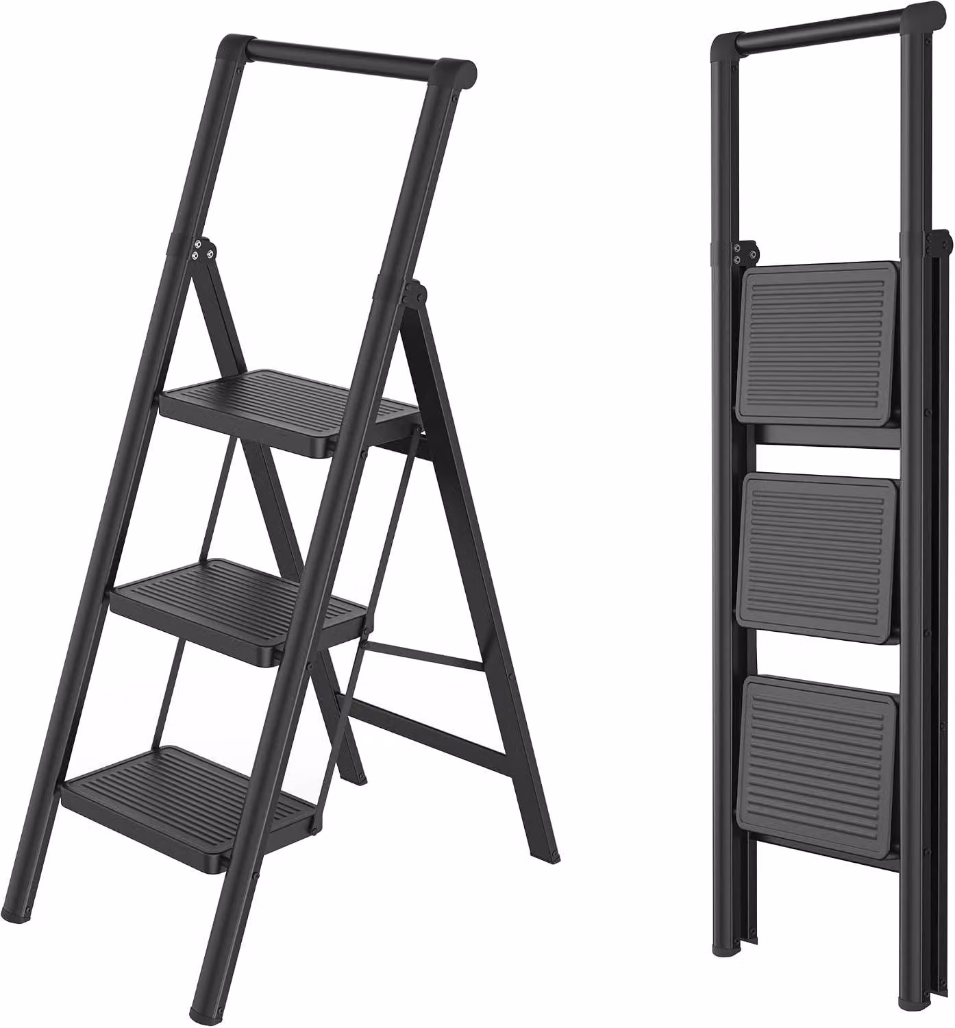 Scala pieghevole a 3 gradini con corrimano e gradini larghi antiscivolo, portata massima di 150 kg, colore nero, ideale per uso domestico e in ufficio