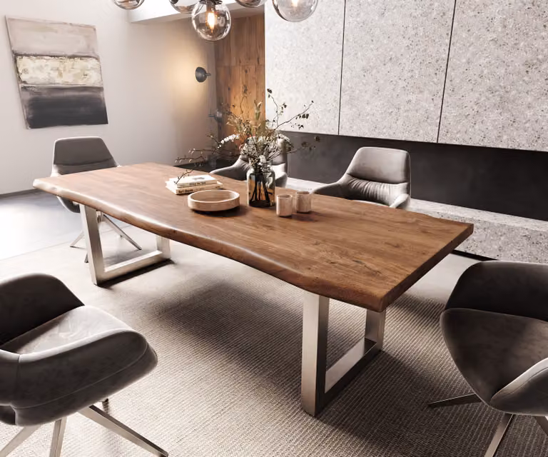 Tavolo da pranzo DELIFE Edge, dimensioni 260x100 cm, modello XL, in legno di acacia marrone, acciaio inossidabile, design "live-edge" (bordo naturale)