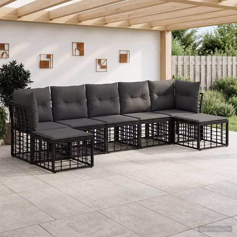 Set di divani da esterno a L vidaXL con pouf e cuscini, struttura in acciaio e tessuto nero resistente ai raggi UV