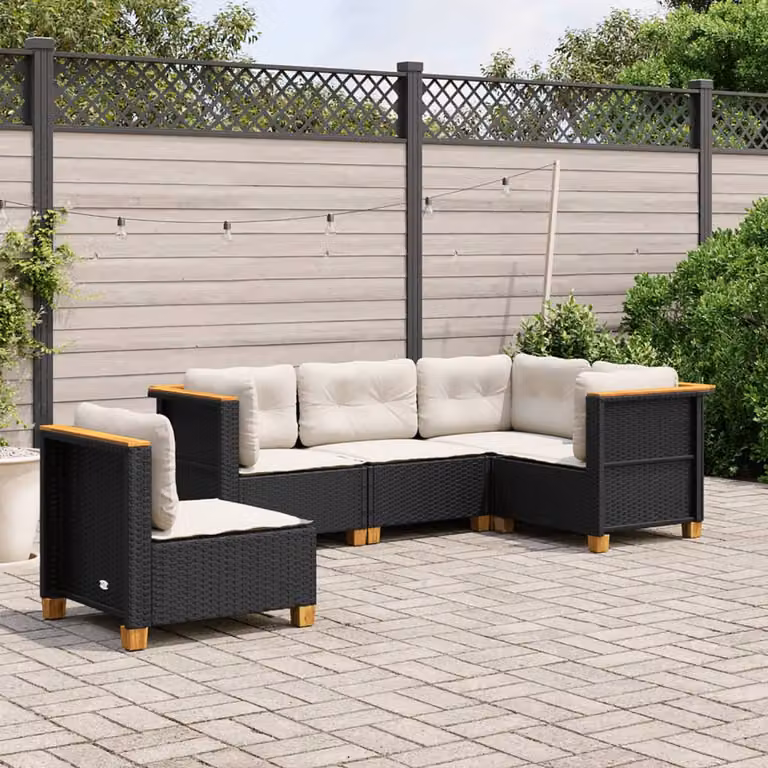 vidaXL Set Divano da Giardino a L con Cuscini, Struttura in Metallo e Legno di Acacia, Colore Nero e Bianco