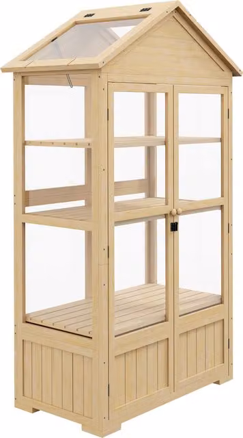 Casetta da giardino Outsunny con scaffale e porta con serratura, telaio in legno di pino e finestre in acrilico, L 100 cm x P 56,5 cm x H 178 cm – 1