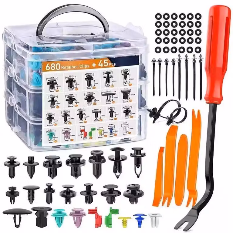 Clip in plastica per auto: clip per paraurti e fissaggi a rivetto - 680 pezzi - 16 dimensioni - Attrezzo per la rimozione - Adatti per pannelli delle portiere e carrozzeria - Contenitore di stoccaggio