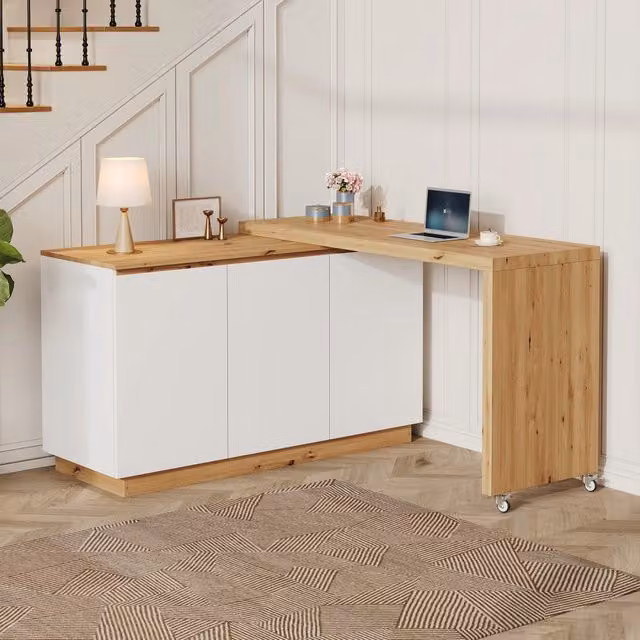Scrivania pieghevole ad angolo con piano spesso 4 cm girevole e bloccabile, ruote con freno, design multifunzione bianco/rovere