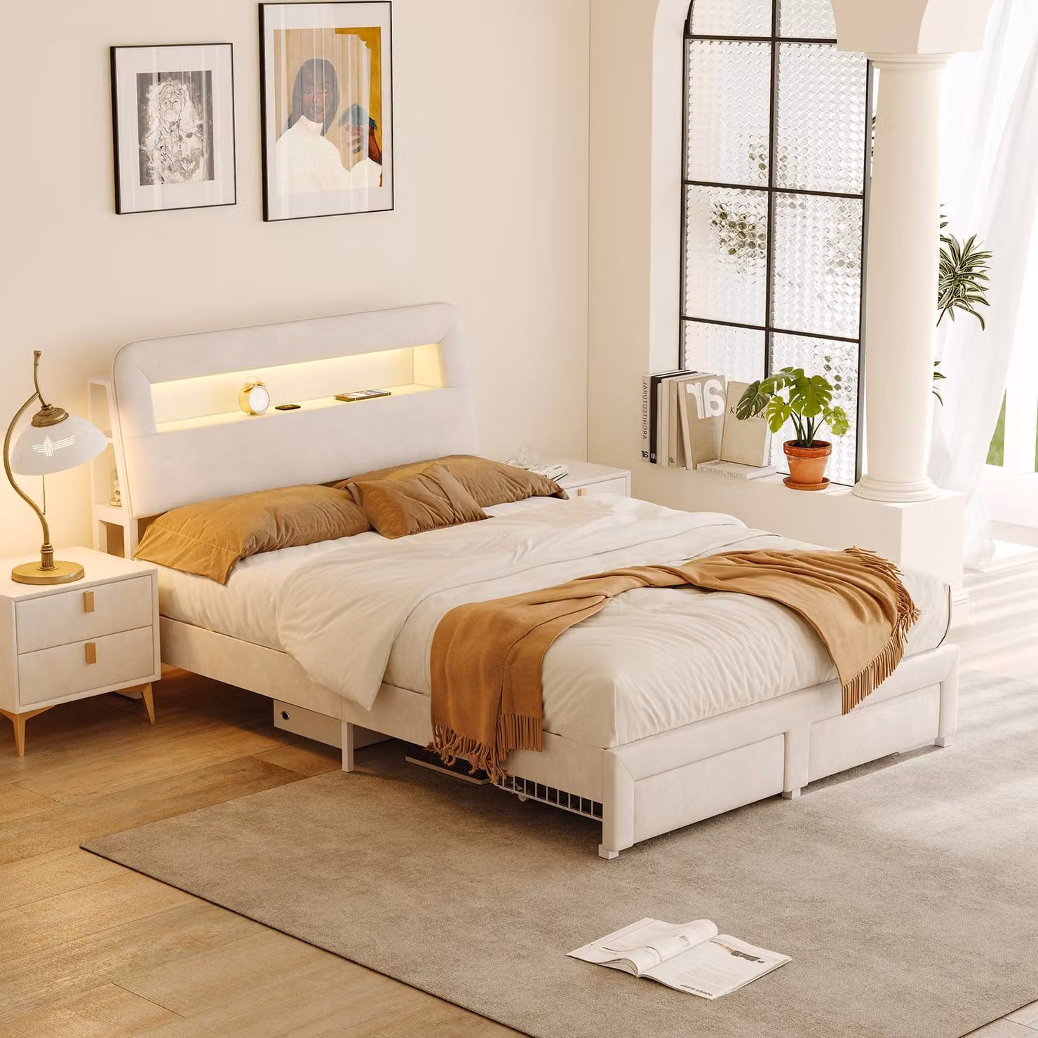 Letto Moonbite con contenitore, dimensioni 140x200 cm – Struttura in metallo rivestita in velluto, testiera LED con prese USB e cassetti laterali, velluto, color beige