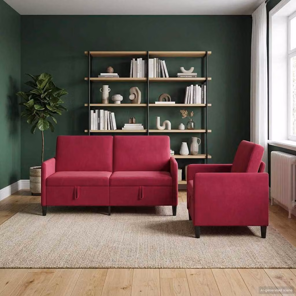 Set di 2 divani moderni vidaXL con contenitore a sollevamento, rivestimento in tessuto rosso e nero per soggiorno