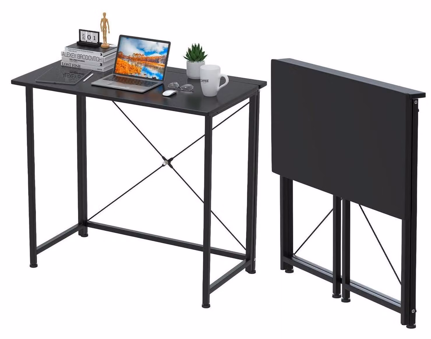 Scrivania pieghevole, tavolo per computer, 80x45x75 cm, legno e metallo, colore nero