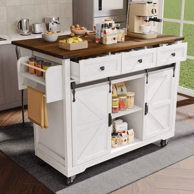 Carrello da cucina OKWISH con piano pieghevole, 3 cassetti e ante scorrevoli, beige, L/P/H: 140 x 45 x 94 cm