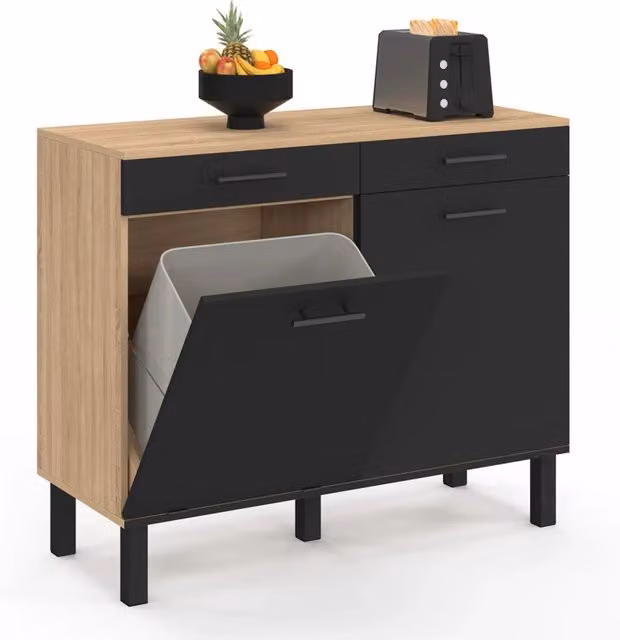 Credenza bassa IDMarket con 2 ante e cassetti, finitura faggio e nero, H: 83 cm, L: 100 cm, P: 40 cm