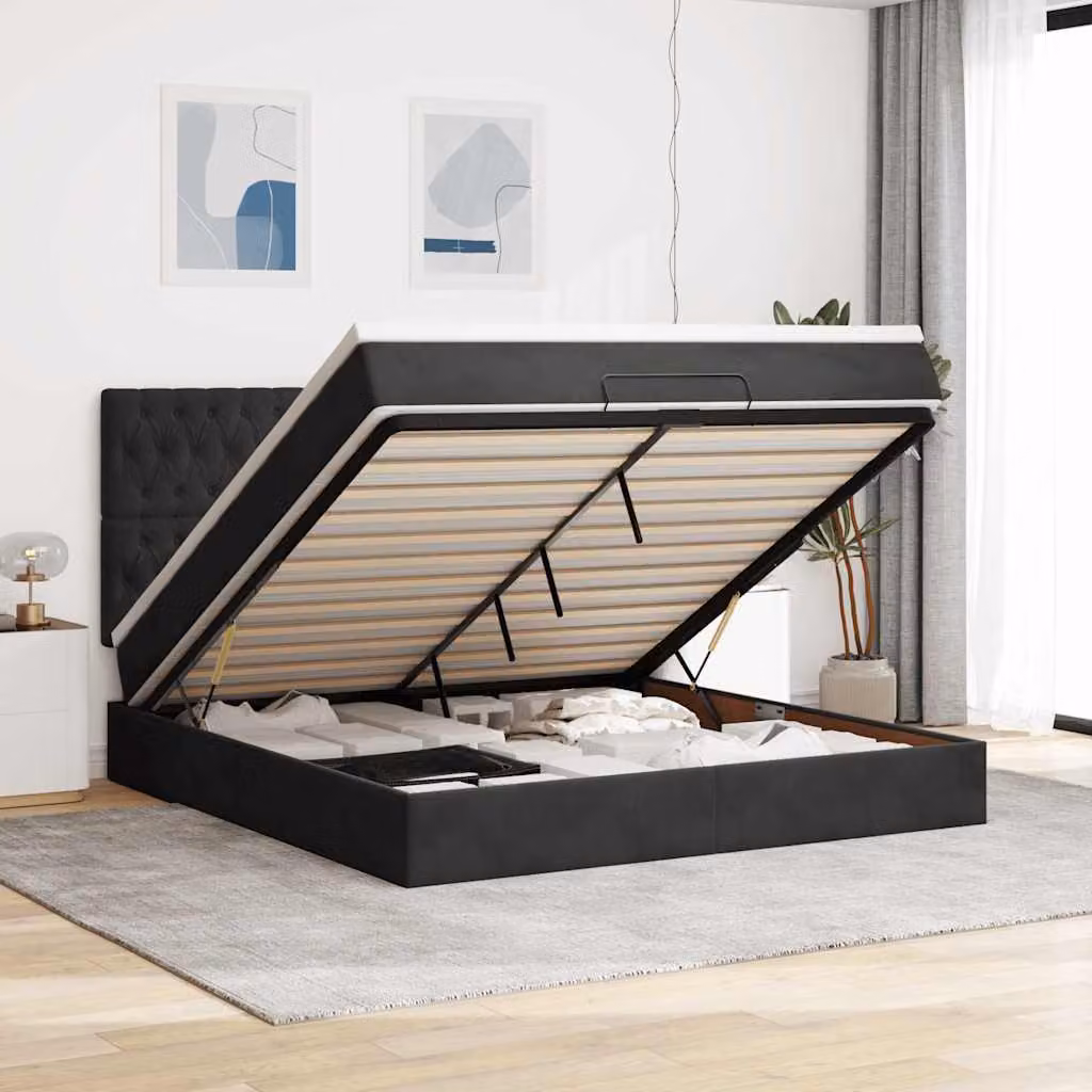 vidaXL Letto con Contenitore a Sollevamento in Velluto Nero L: 180 cm, P: 200 cm, H: 203 cm