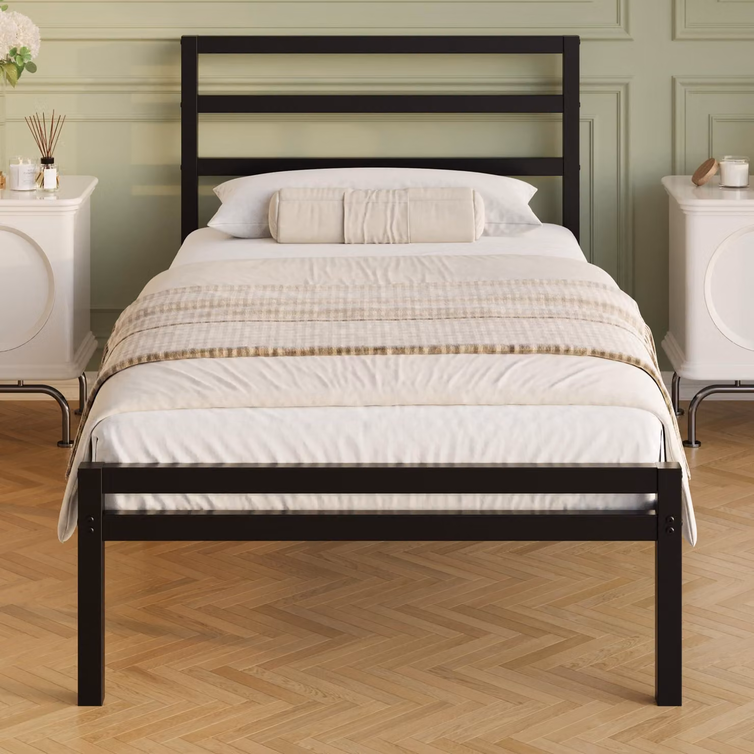 Struttura del letto in metallo, dimensioni 90x190 cm, con testiera e pediera, colore nero