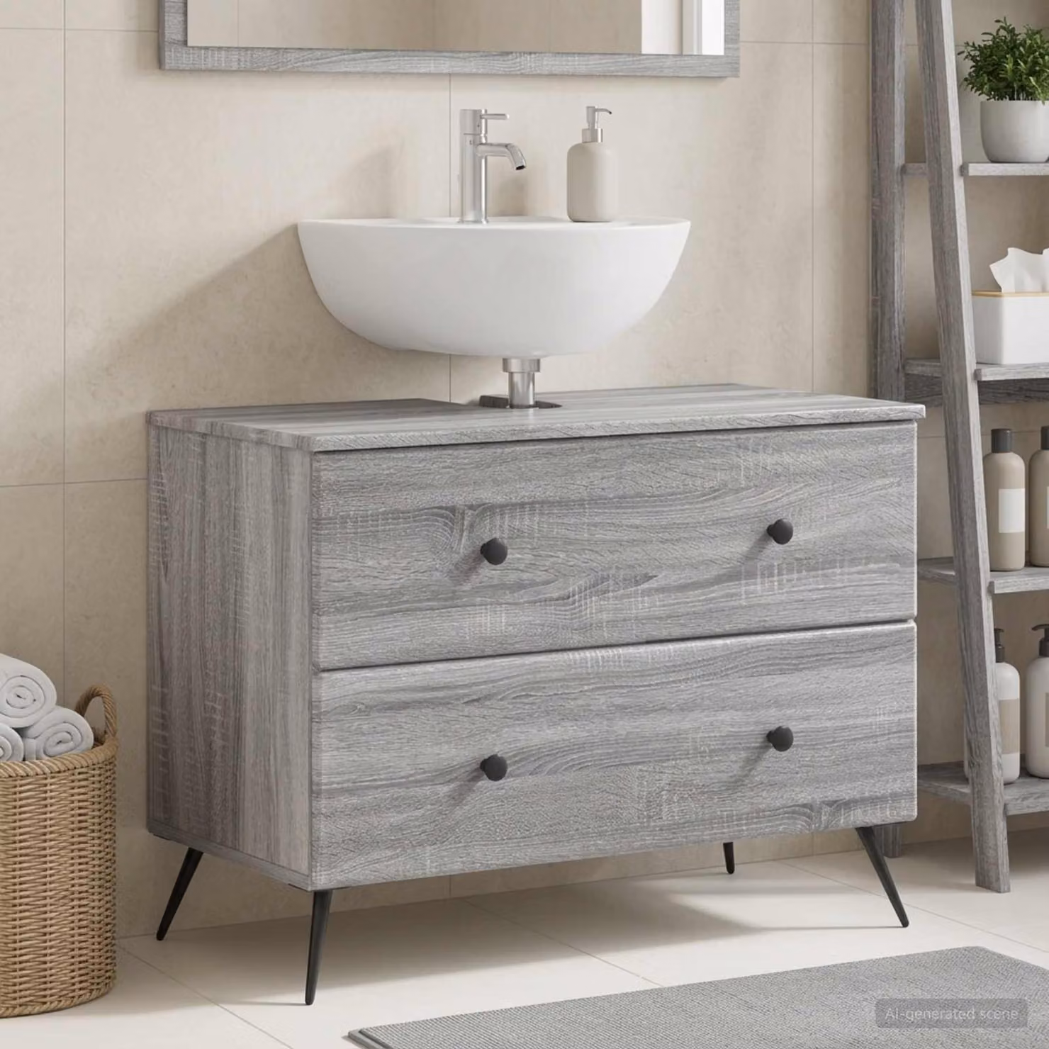 Armadio per lavabo da bagno moderno vidaXL BREDA Sonoma grigio e nero, L: 82 cm, P: 41 cm, H: 59 cm