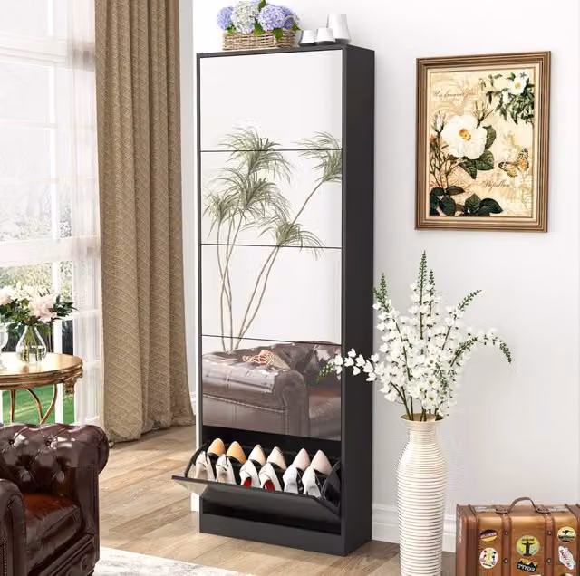 Scarpiera slim con specchio 5 ante a ribalta doppio ripiano in MDF nera 63×23;6×185 cm