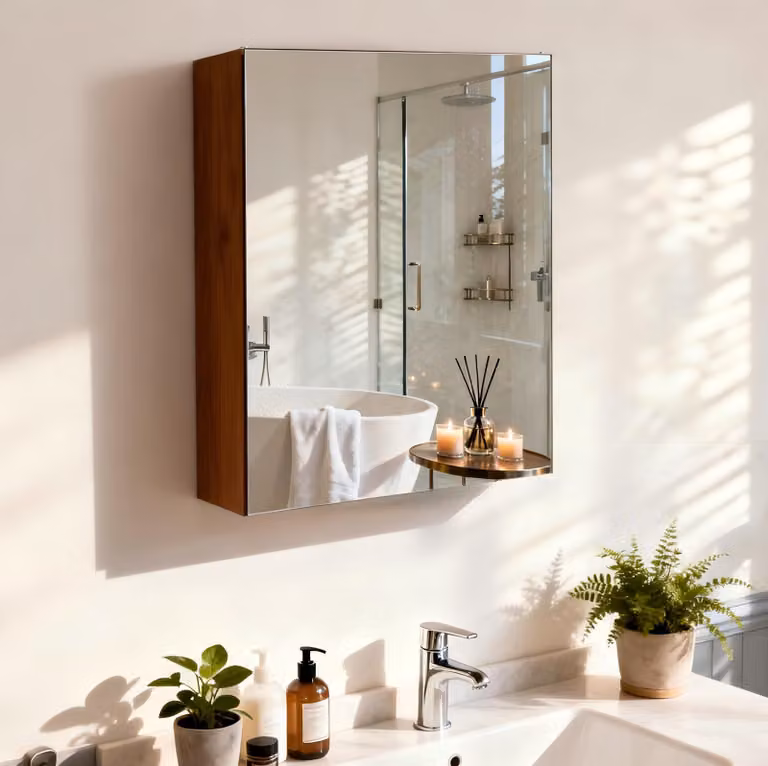 Mobiletto da bagno WISFOR con specchio, dimensioni 40,5 x 51 cm, piccolo armadietto per il bagno con specchio, illuminazione LED interna, cerniere con sistema di chiusura ammortizzata e ripiani regolabili