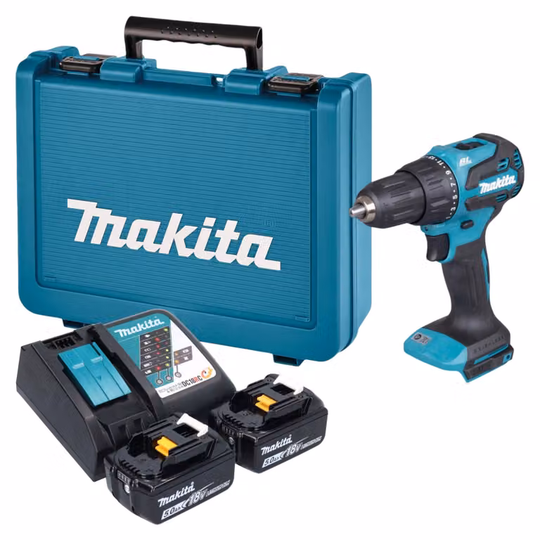 Avvitatore a percussione a batteria Makita DHP 490 RTE 18 V 65 Nm brushless + 2 batterie da 5,0 Ah + caricabatterie + valigetta