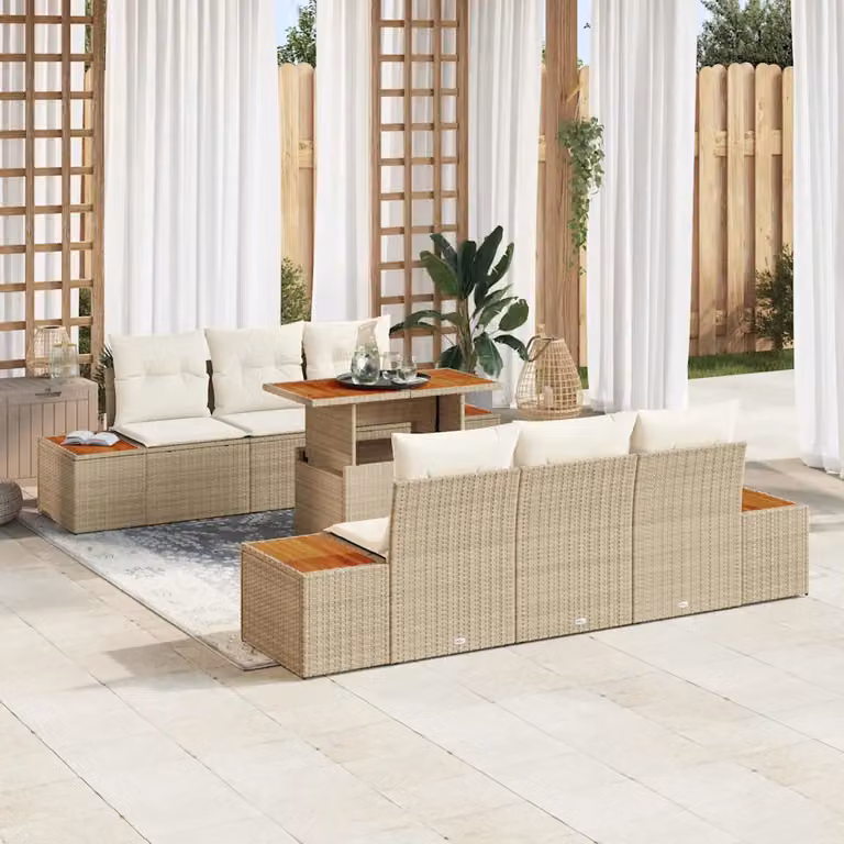 Set da pranzo da giardino vidaXL in legno di acacia e rattan con tavolo a ribalta beige e bianco
