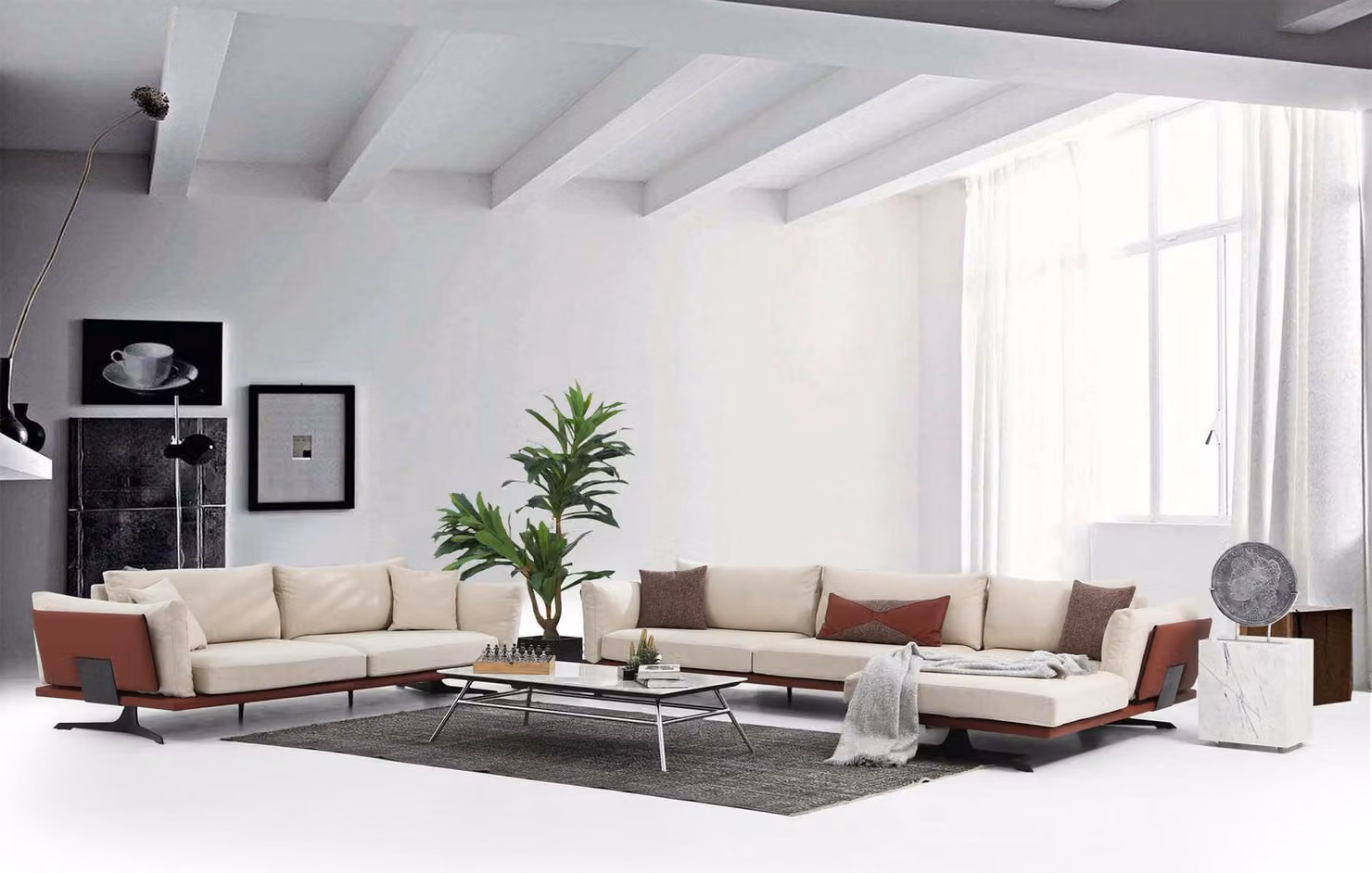 Sofagarnitur Ecksofa L-Form 3 Sitzer Beige Modern Stoff Sofas Set Eck