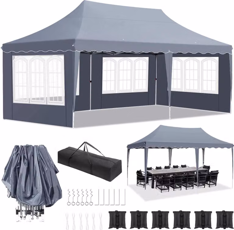 Pavilion - Padiglione pieghevole per feste - 3x6 m - Impermeabile - Altezza regolabile - UV50+ - 4 pareti laterali - Struttura in alluminio - Grigio scuro