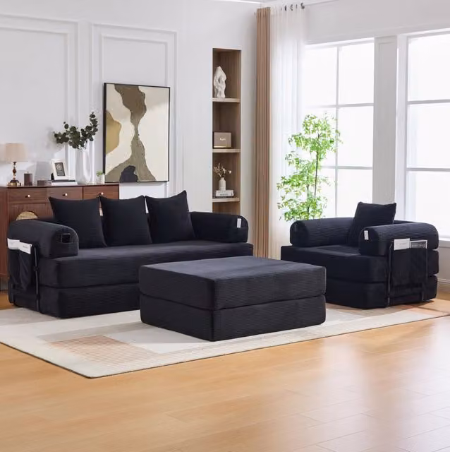 Divano modulare MODFU a 3 posti in velluto nero con pouf e cuscini, L: 200 cm, P: 94 cm, H: 67 cm